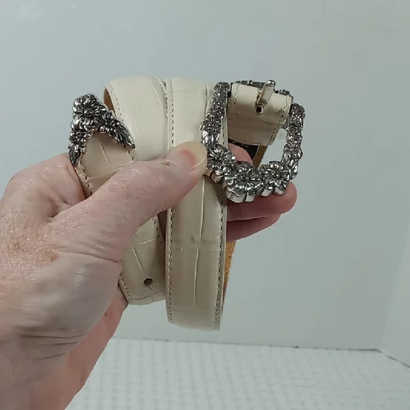 Brighton Cream Croc-Embossed Leather Belt with Ornate Silver Daisy Buckle BRIGHTON 1 main image 2